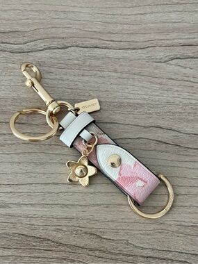 COACH Pink & White Floral Leather Key Holder with Gold Hardware